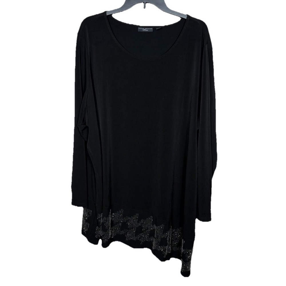 Susan Graver Artisan Black Blouse Rhinestones Asymmetric‎ Hem 3X Classic Party